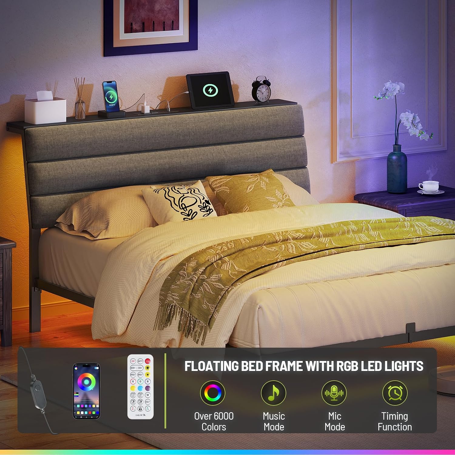 Floating Bed Frame Queen, Platform Bed with LED Lights & Charging Station, Ergonomic Storage Headboard, Heavy Duty Metal Slats, No Box Spring Needed, Easy Assembly, Dark Gray