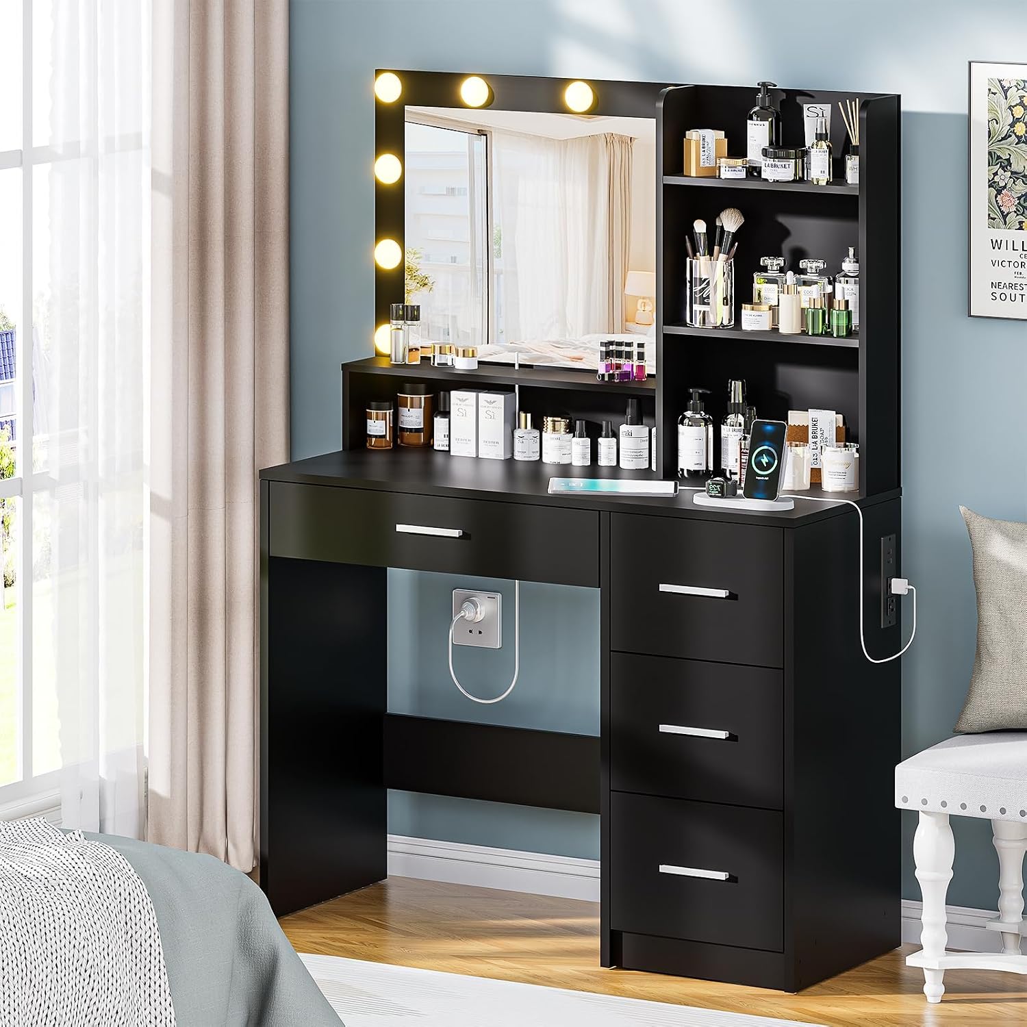 DINGIPP Vanity Desk with Lighted Mirror and Charging Station, Makeup Vanity with 4 Drawers & Storage Shelves,Makeup Desk 3 Color Lights Modes Available, Bedroom Dressing Table for Women, Girls