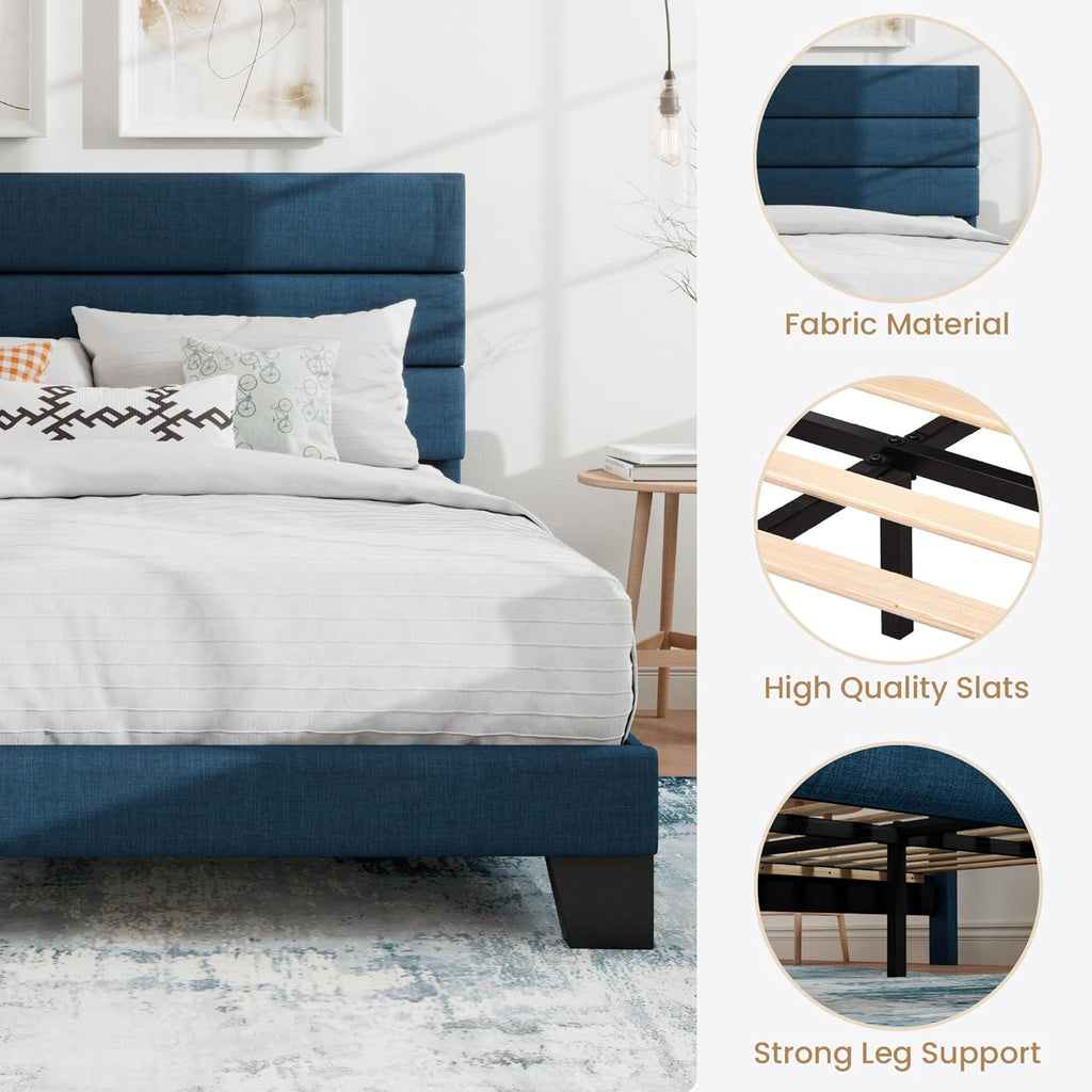 SHA CERLIN King Platform Bed Frame with Upholstered Fabric Headboard, Mattress Foundation with Strong Wooden Slats Support, No Box Spring Needed, Blue