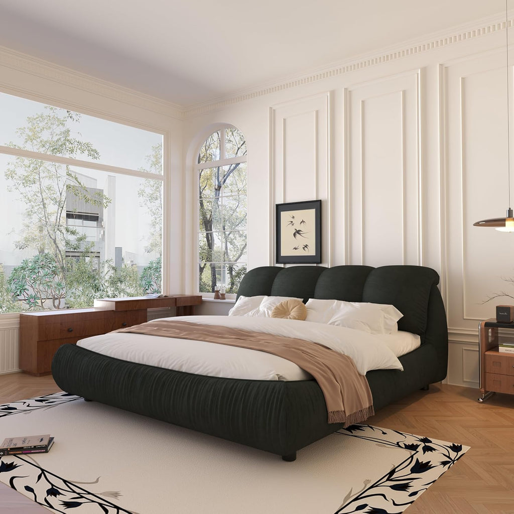 KEIKI Queen Size Upholstered Platform Bed with Oversized Padded Backrest,Thickening Pinewooden Slats and Metal Leg,Black