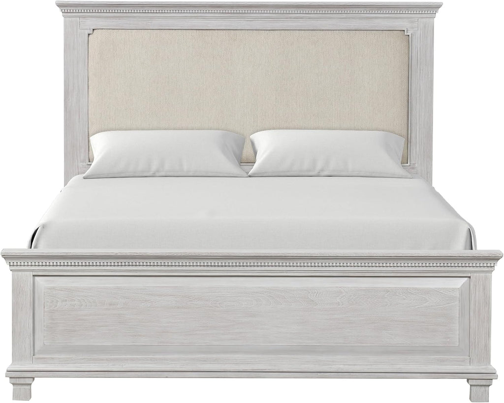 Furniture of America Deborah Modern Solid Wood 5-Piece Bedroom Set with Fabric Headboard, Dentil Molding, Black Square Knob, Felt-Lined Top Drawers, Box Spring Needed, King, Weathered Gray