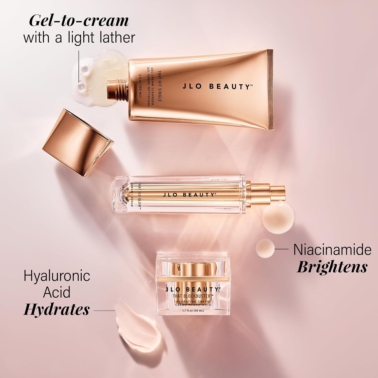 JLO BEAUTY Skin Care Set, 3-Step Daily Routine with Gel Cream Cleanser, Facial Serum & Face Moisturizer, Hydrating & Firming Skincare Set for Smoother, Glowing Skin, 3 Piece Kit