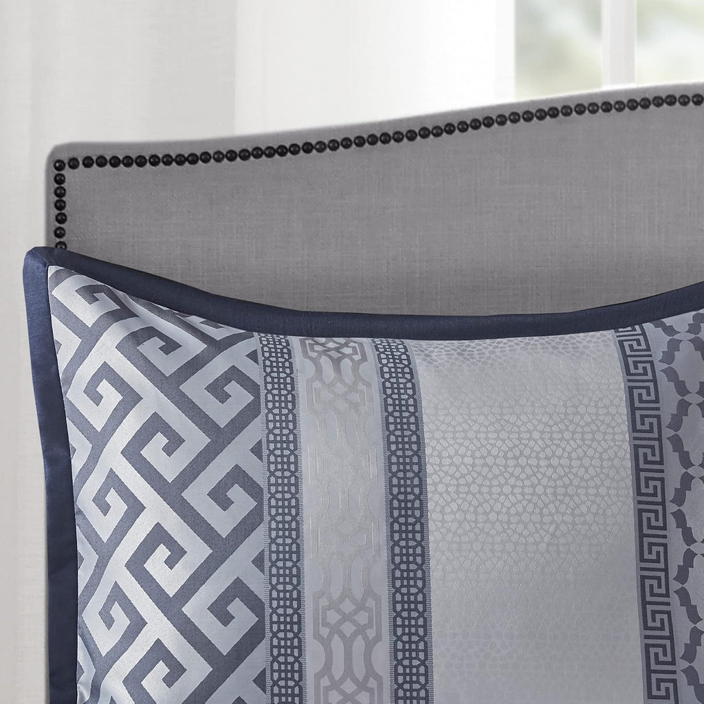 Madison Park Luxury Comforter Set-Traditional Jacquard Design All Season Down Alternative Bedding, Matching Bedskirt, Decorative Pillows, Cal King(104'x92'), Bennett, Geometric Navy 7 Piece