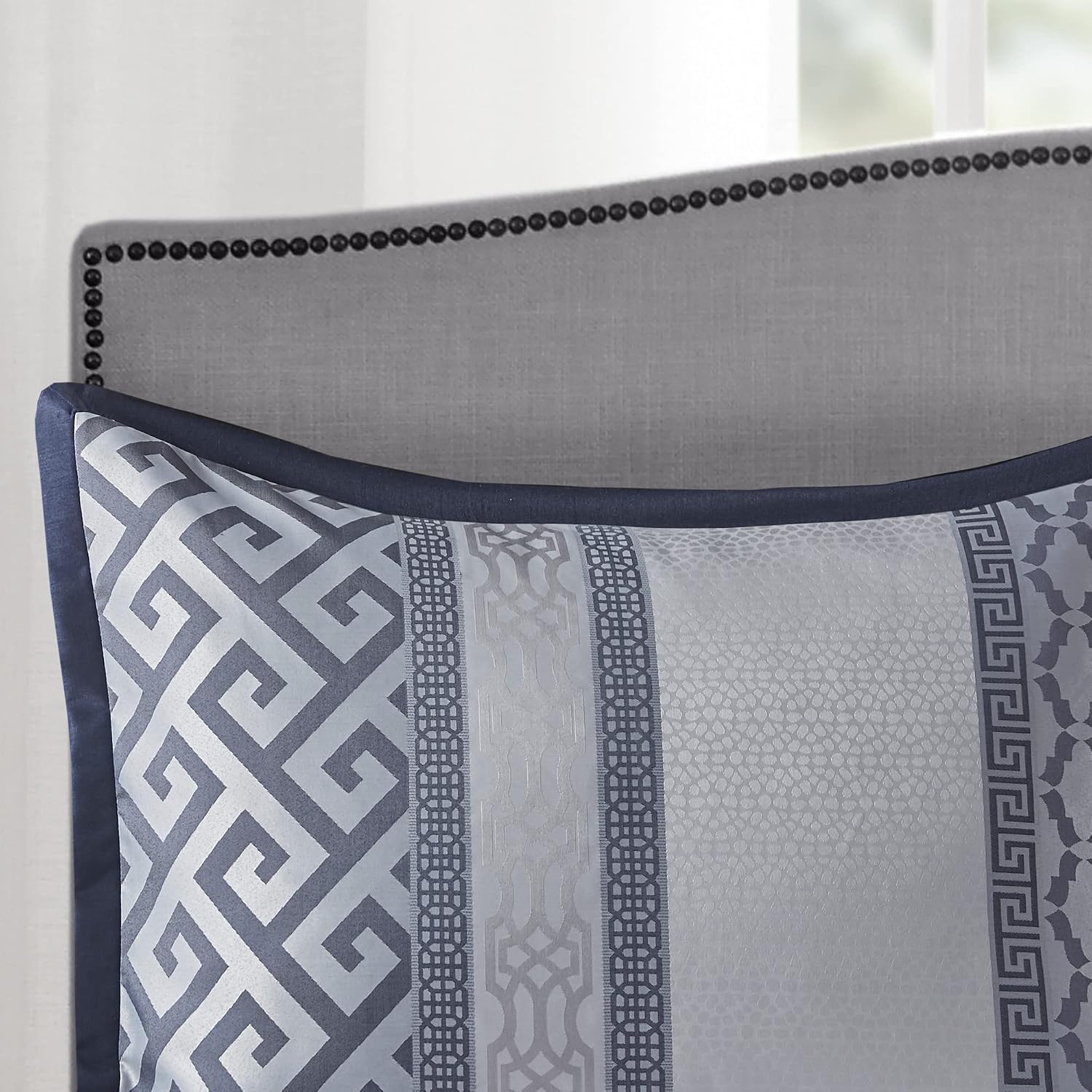 Madison Park Luxury Comforter Set-Traditional Jacquard Design All Season Down Alternative Bedding, Matching Bedskirt, Decorative Pillows, Cal King(104'x92'), Bennett, Geometric Navy 7 Piece