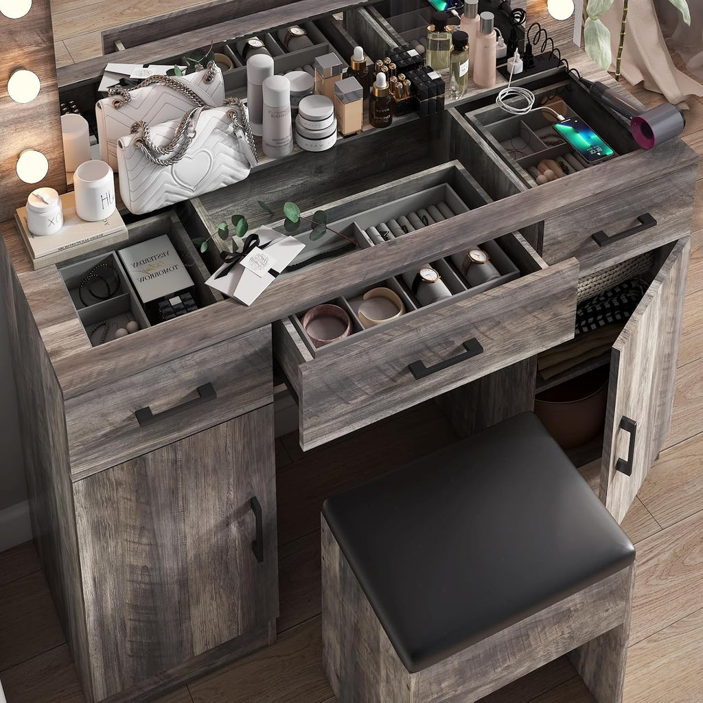 VINGLI Vanity Desk with LED Lighted Mirror & Padded Stool, Makeup Table with Drawers & Cabinets & Power Outlet & Glass Top & 12 Light Bulbs with 3 Colors for Dressing Room Bedroom, Grey