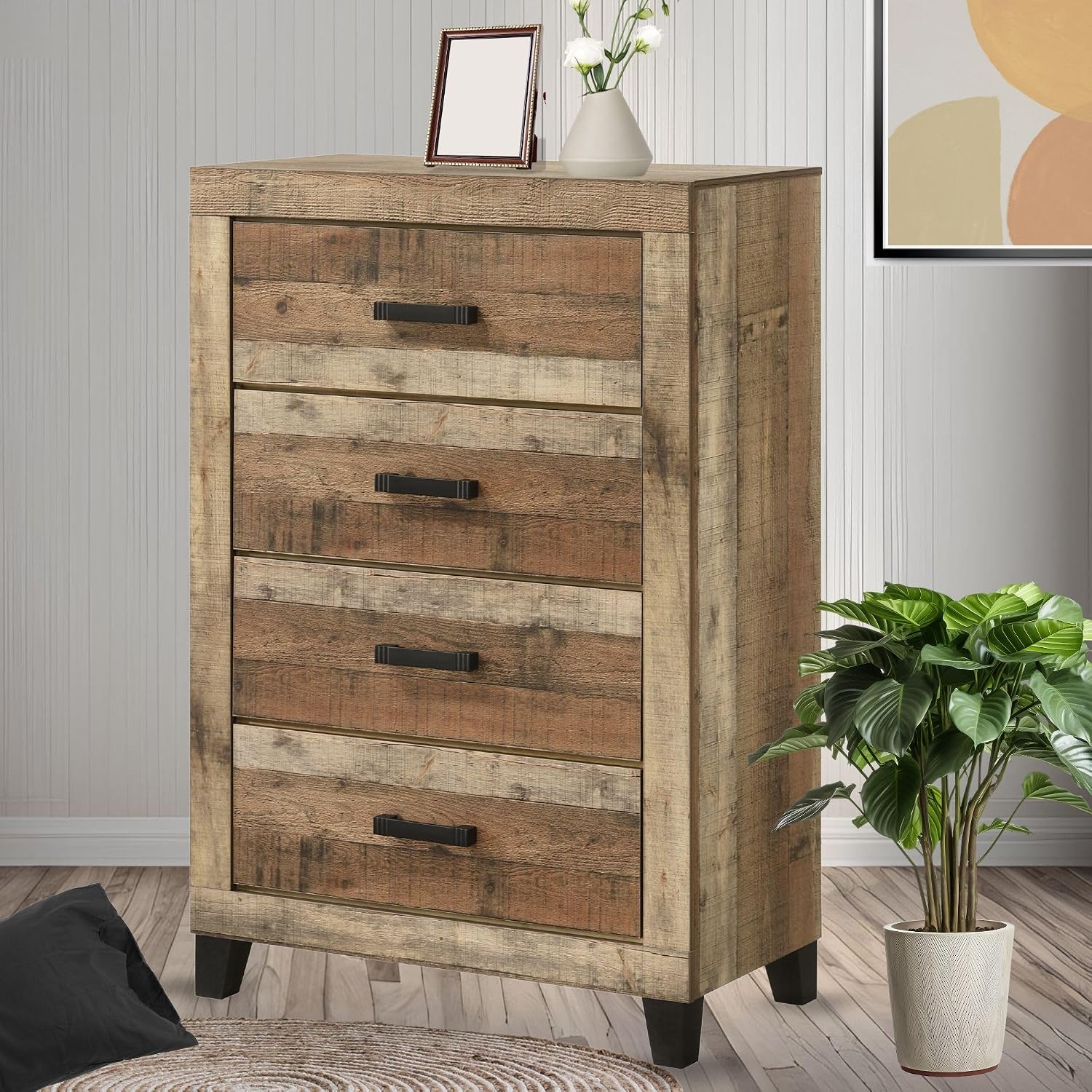 Kings Brand Furniture Biloxi Farmhouse Classic 5-Piece Bedroom Set - Bed Frame with Headboard, Dresser and Mirror, Chest and Nightstand (Queen)