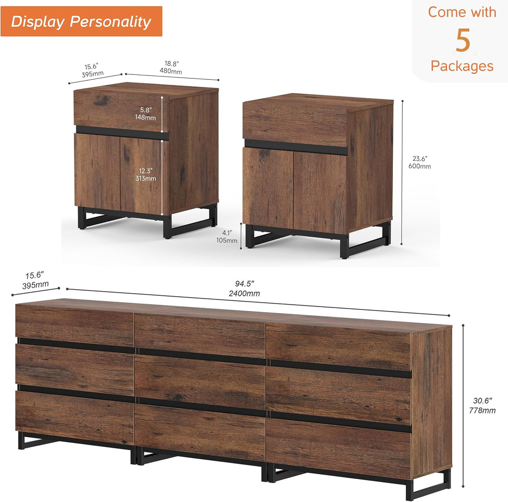 WAMPAT 3-Piece Modern Bedroom Furniture Set, 94.5-Inch Dresser with 9 Drawers and 2 Nightstands Featuring Drawer and Cabinet Design, Bedroom Set of 3, Brown