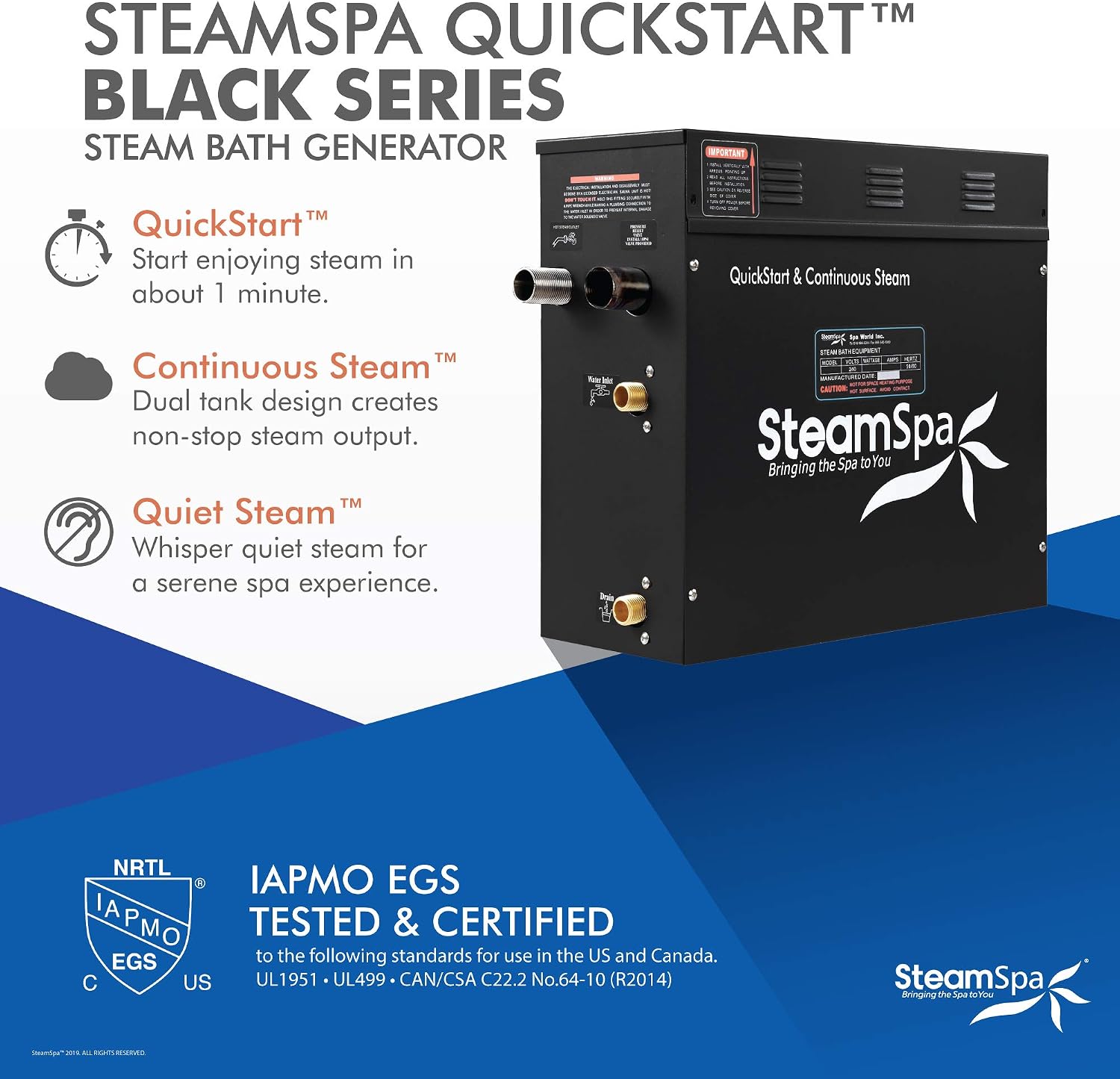 Generator with Quick Start Continuous Steam Technology, Wi-Fi, Bluetooth and Autodrain | 6kW Steam Generator with Oil Rubbed Bronze Steam Head with Aromatherapy Reservoir | RVB600ORB-A