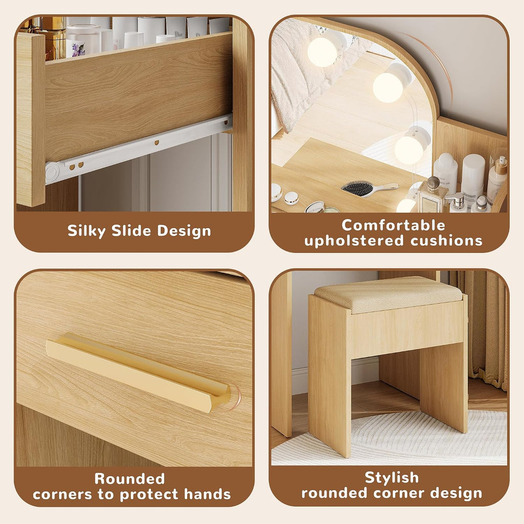 wanan Makeup Vanity with Chair, Small Vanity Desk with Mirror and Lights 3 Colors, Girls Vanity Set with Power Outlet, Compact Vanity Table for Small Space, Oak