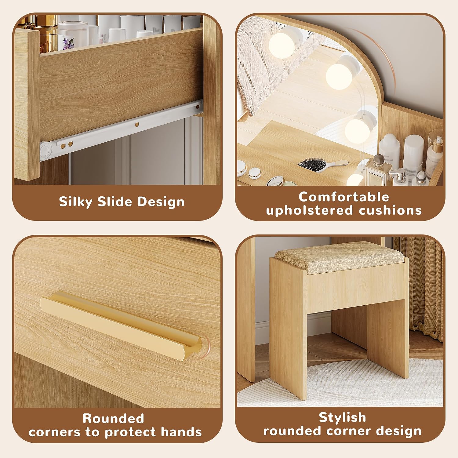 wanan Makeup Vanity with Chair, Small Vanity Desk with Mirror and Lights 3 Colors, Girls Vanity Set with Power Outlet, Compact Vanity Table for Small Space, Oak