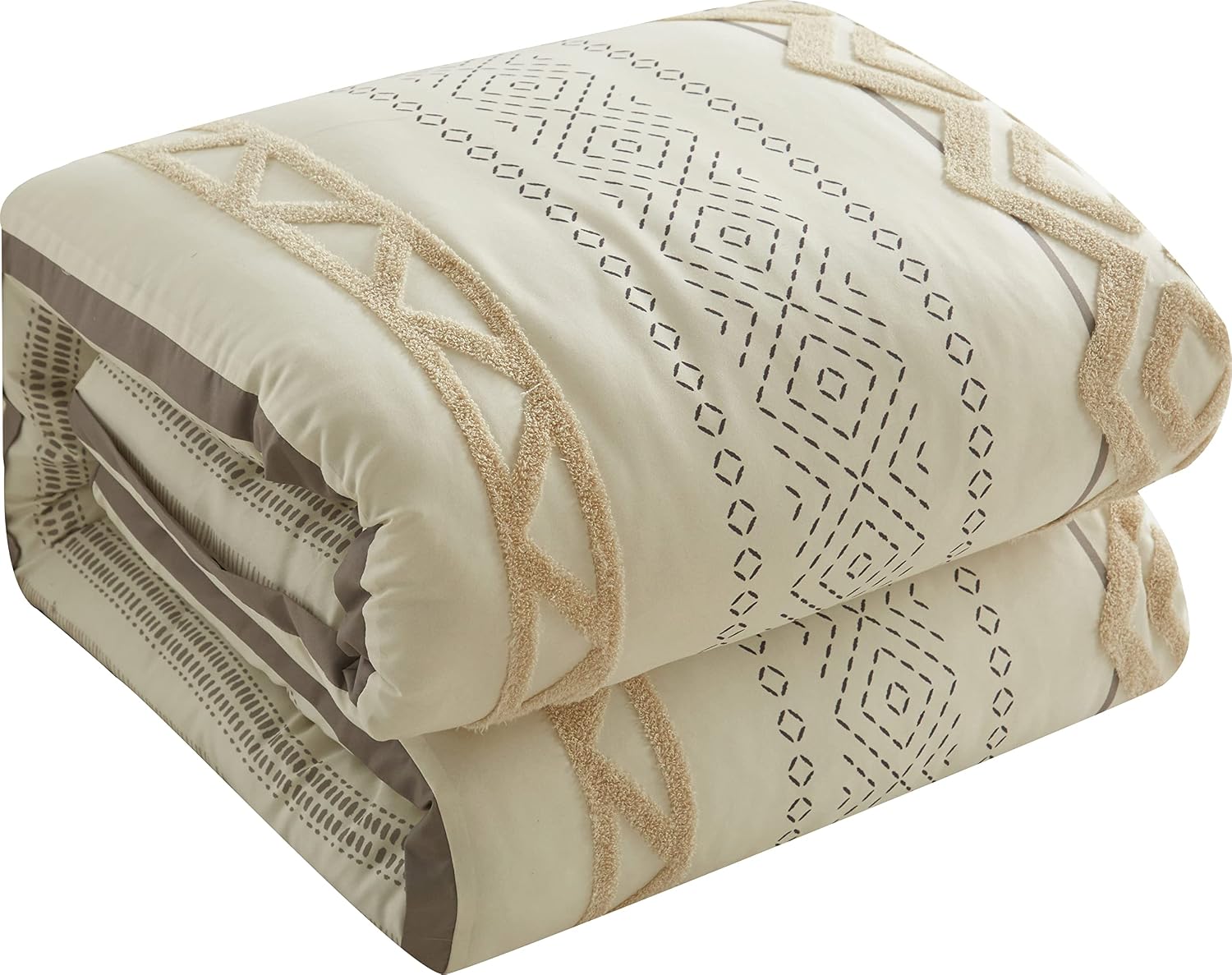 Stratford Park Beige/Ivory Boho Geometric King Size Comforter Set, 7 Piece, Print & Terry Embroidery Ultra Soft, Premium Microfiber, Home Decor