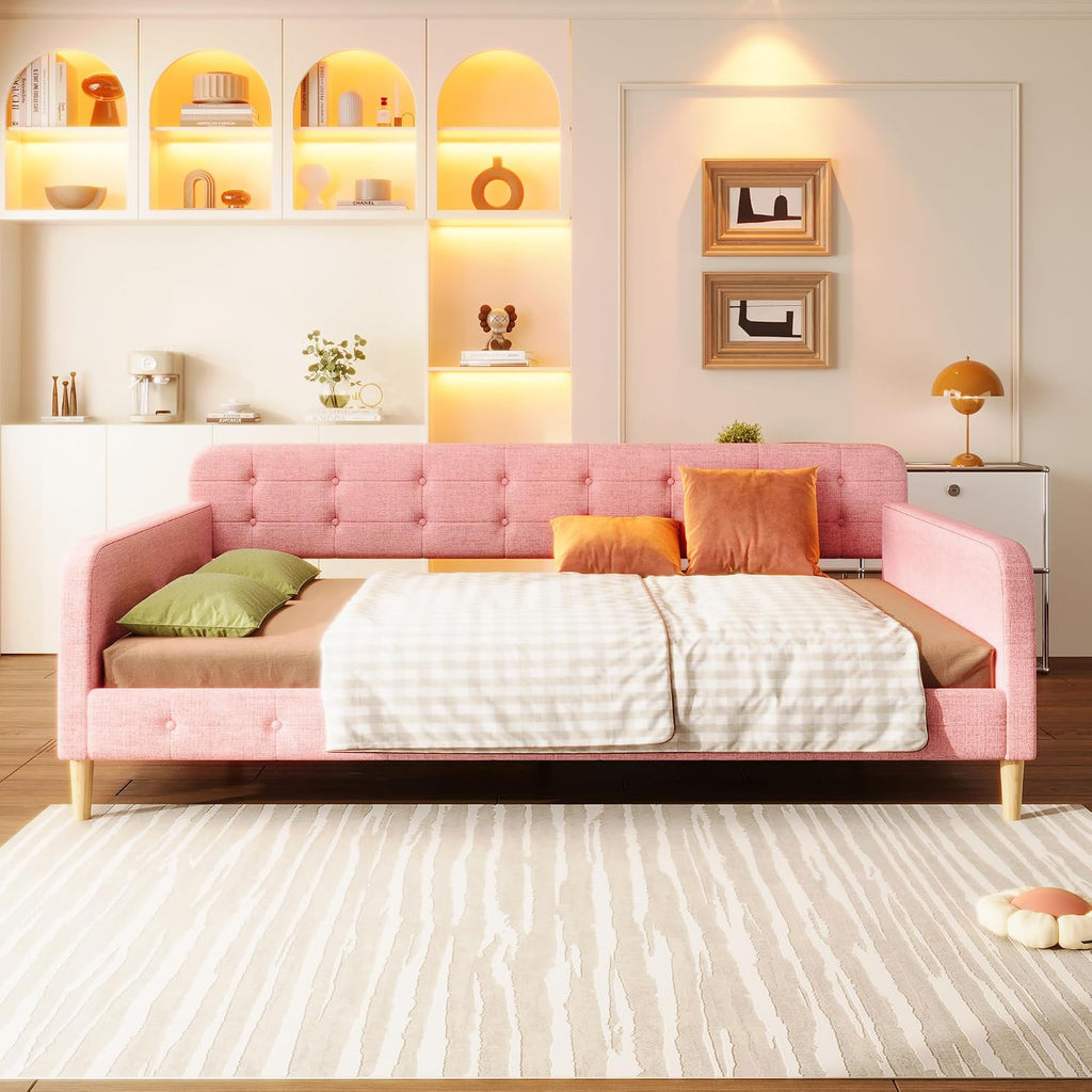 Merax 85' Queen Size Linen Upholstered Daybed with 4 Support Legs,Pink