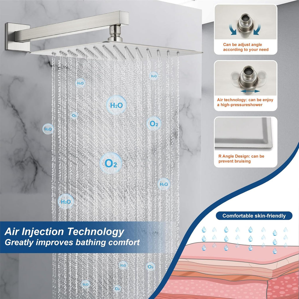 Midanya Brushed Nickel Morden Widespread Bathroom Faucet 3 Holes 2 Handles 8 Inch Vanity Faucet with 10 Inch Brushed Nickel Rain Shower Set Square Rainfall Shower Head Wall Mount Shower Faucet System