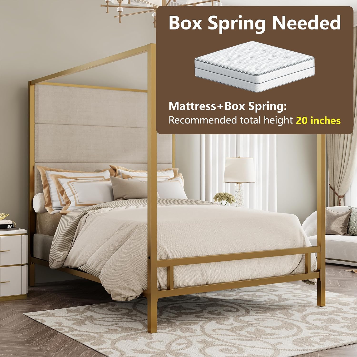 King Size Metal Canopy Bed Frame, Canopy Bed with Tall Linen Fabric Upholstered Headboard, Box Spring Needed, Gold+Tan