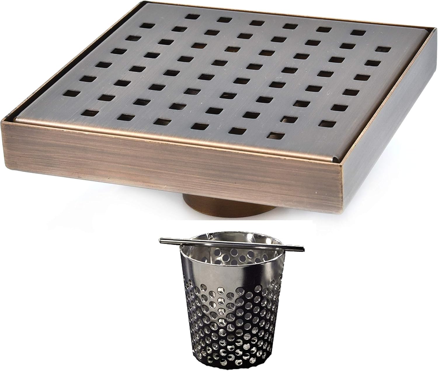 Serene Drains Oil Rubbed Bronze 6 Inch Square Shower Drain Bundle with Hair Catcher (Traditional Square Design)