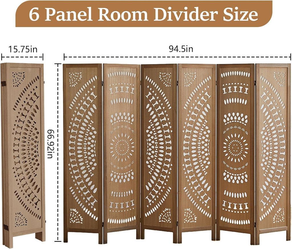Room Dividers and Folding Privacy Screens, Boho 6 Panel Room Divider, 67' Room Divider Wall, Modern Room Partition, Privacy Dividers for Rooms, Bedroom, Office, Brown