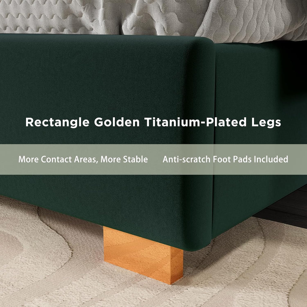 HOWE Queen Size Bed Frame and 61' Headboard, Upholstered Bed with Golden Plating Trim, Modern Platform Bed No Box Spring Needed, Green
