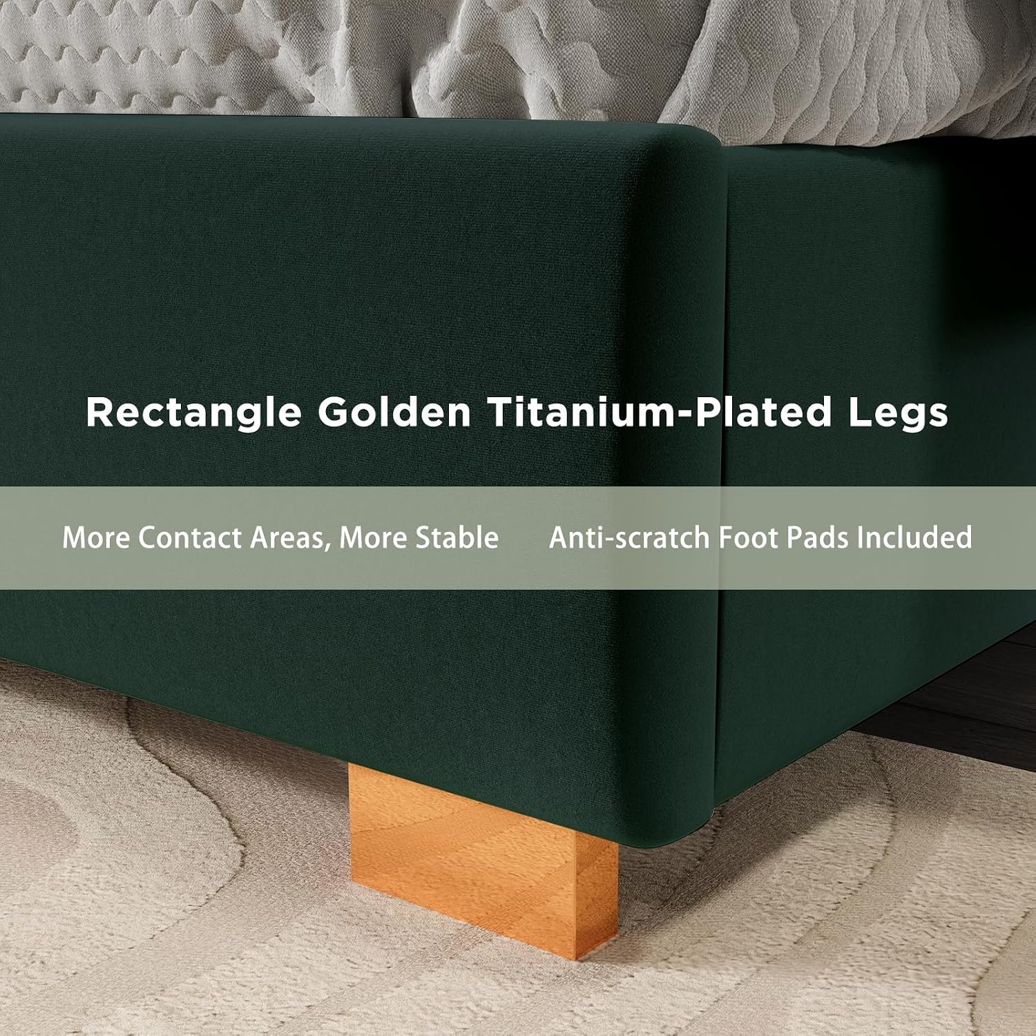 HOWE Queen Size Bed Frame and 61' Headboard, Upholstered Bed with Golden Plating Trim, Modern Platform Bed No Box Spring Needed, Green