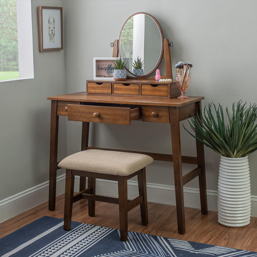 Linon MidCentury Walnut Upholstered Seat Beverly Vanity Set, Medium