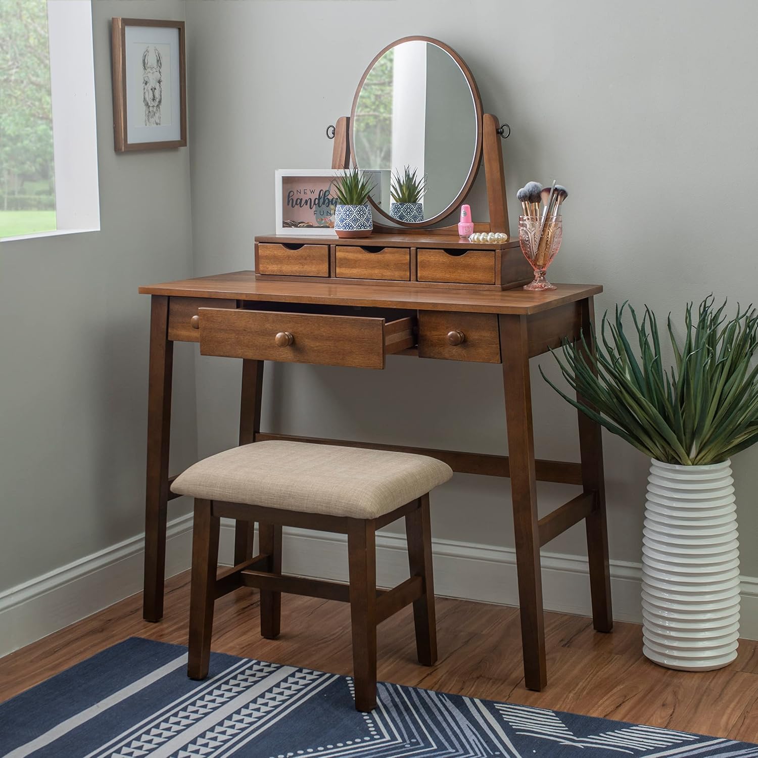 Linon MidCentury Walnut Upholstered Seat Beverly Vanity Set, Medium