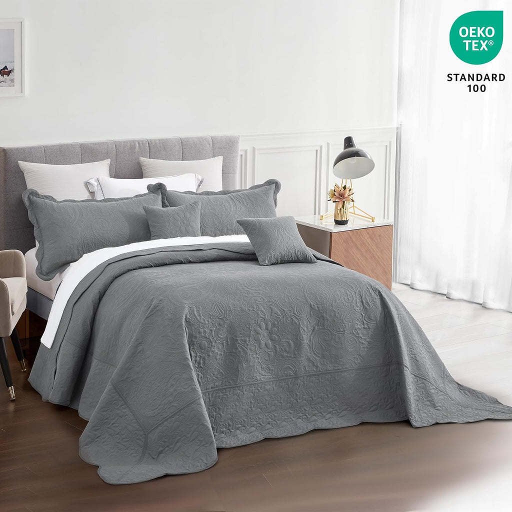 Oversized King Bedspread 128x120 Extra Wide, Ultrasonic Lightweight Bedding Cover, Paisley Pattern, Reversible, 5 Piece, 100% Microfiber, Grey