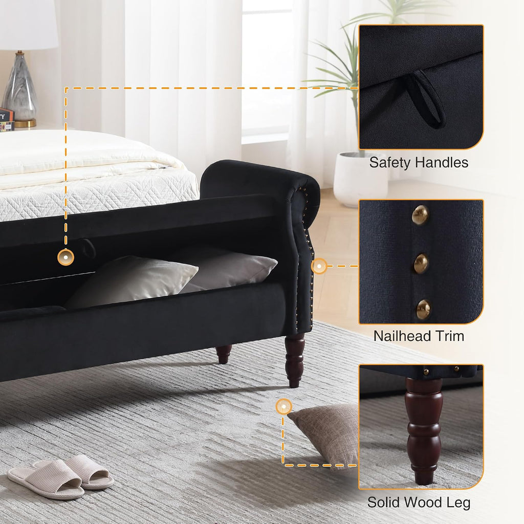 Storage Bench for Bedroom King Size, 67' End of Bed Storage Bench, Upholstered Tufted Storage Ottoman Benches, Velvet Bench with Storage and Arms for Bedroom, Living Room, Entryway, Black