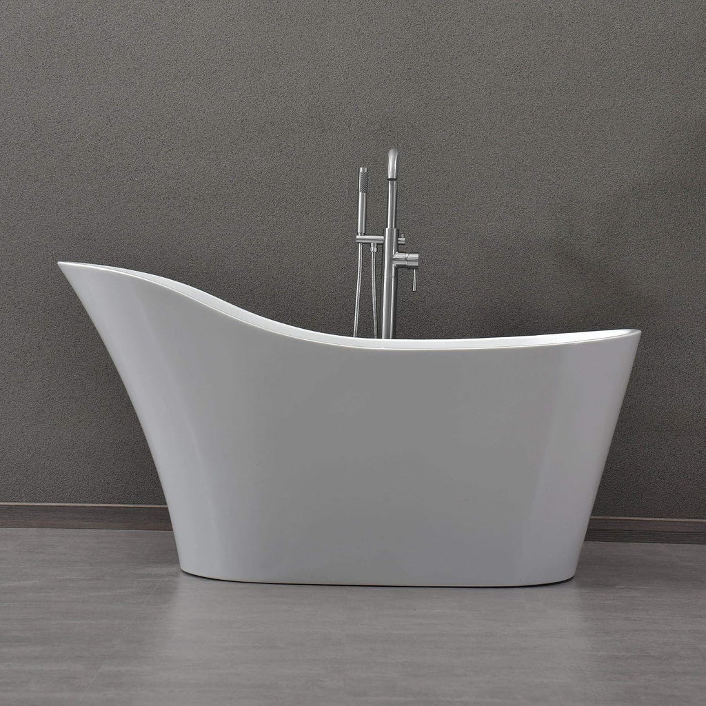 WOODBRIDGE 59' Acrylic Freestanding Bathtub Contemporary Soaking White Tub with Chrome Overflow and Drain，B0029-C-Drain&O