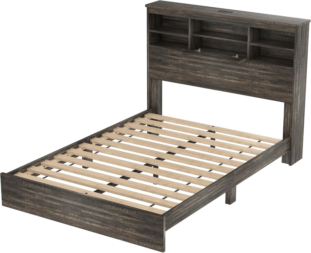 4 Piece Bedroom Furniture Set Farmhouse - Gray Wood Queen Size Platform Bed Frame with Storage Headboard and Charging Station, Rustic Queen Bedroom Set with 1 Dresser and 2 Nightstand Sets