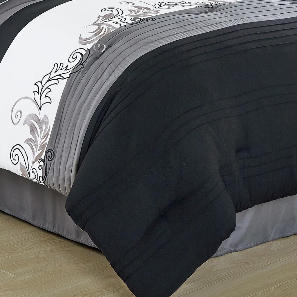Chezmoi Collection Napa 7-Piece Luxury Leaves Scroll Embroidery Bedding Comforter Set (Oversized King, Black/Gray/White)