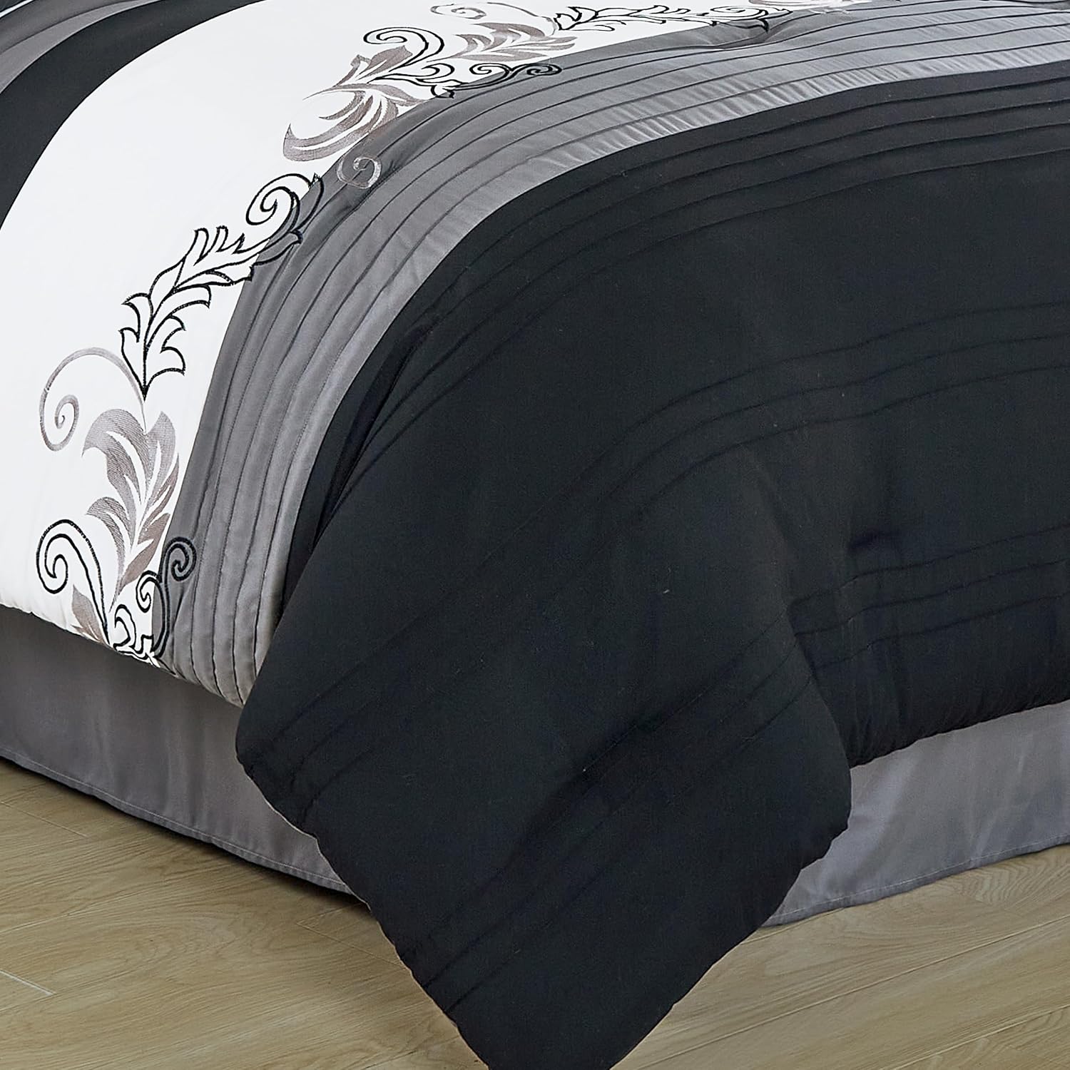 Chezmoi Collection Napa 7-Piece Luxury Leaves Scroll Embroidery Bedding Comforter Set (Oversized King, Black/Gray/White)