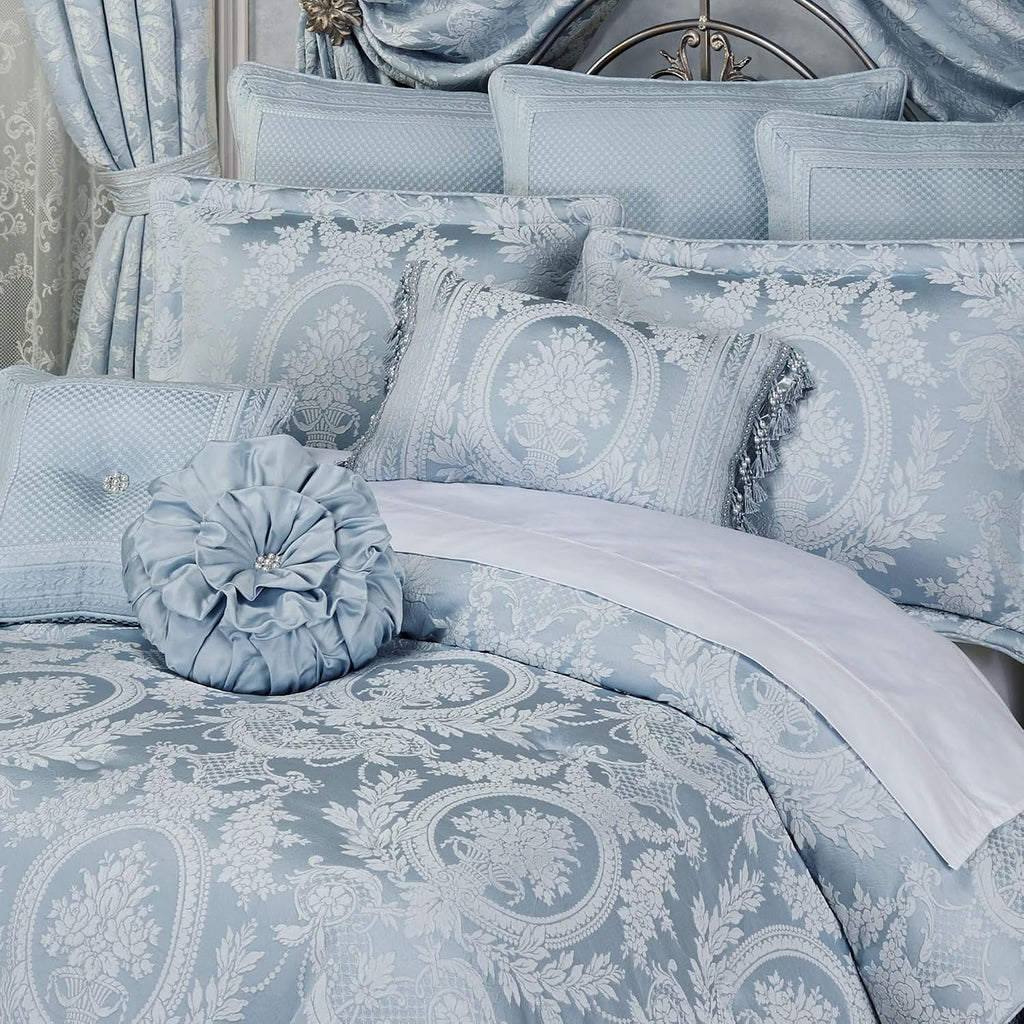 Contessa Luxury Bedding | Iced Platinum and Pastel Powder Blue | Puff Jacquard-Woven Traditional Floral Bouquets | 7 Pc Bed Set: Cal King Comforter, Bedskirt, 2 King Shams, and 3 Decorative Pillows