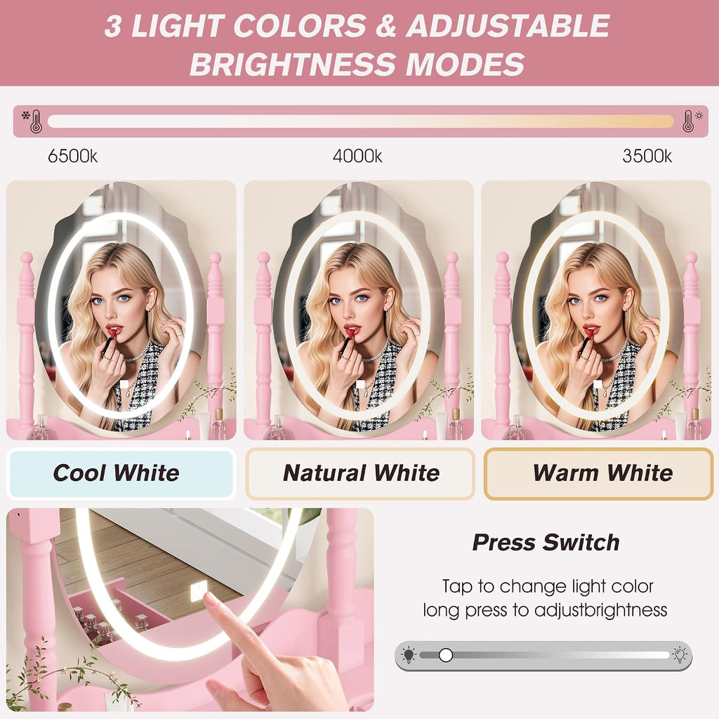 Vanity Desk with Mirror and Lights, Modern Vanity Makeup Table and Cushioned Stool Set with 4 Drawers, 3 Color Lighting Modes with Adjustable Brightness, Dressing Table Set for Bedroom (Pink Vanity)