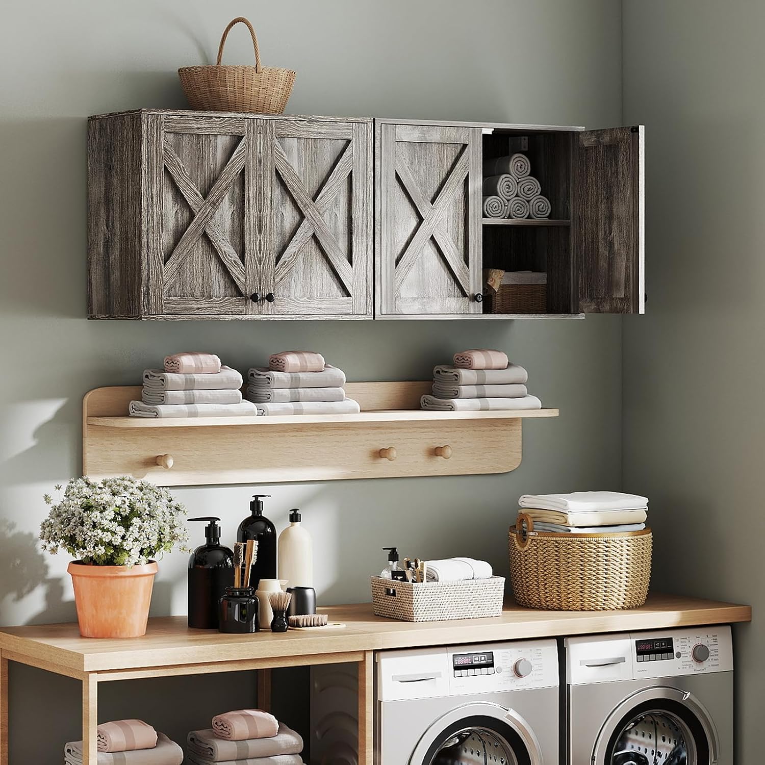 YOURLITE Laundry Cabinet, Medicine Cabinet, Bathroom Kitchen Storage Wall Mounted Farmhouse Organizer with Shelves Over Toilet, One Set of 2 Pieces X 24', Grey