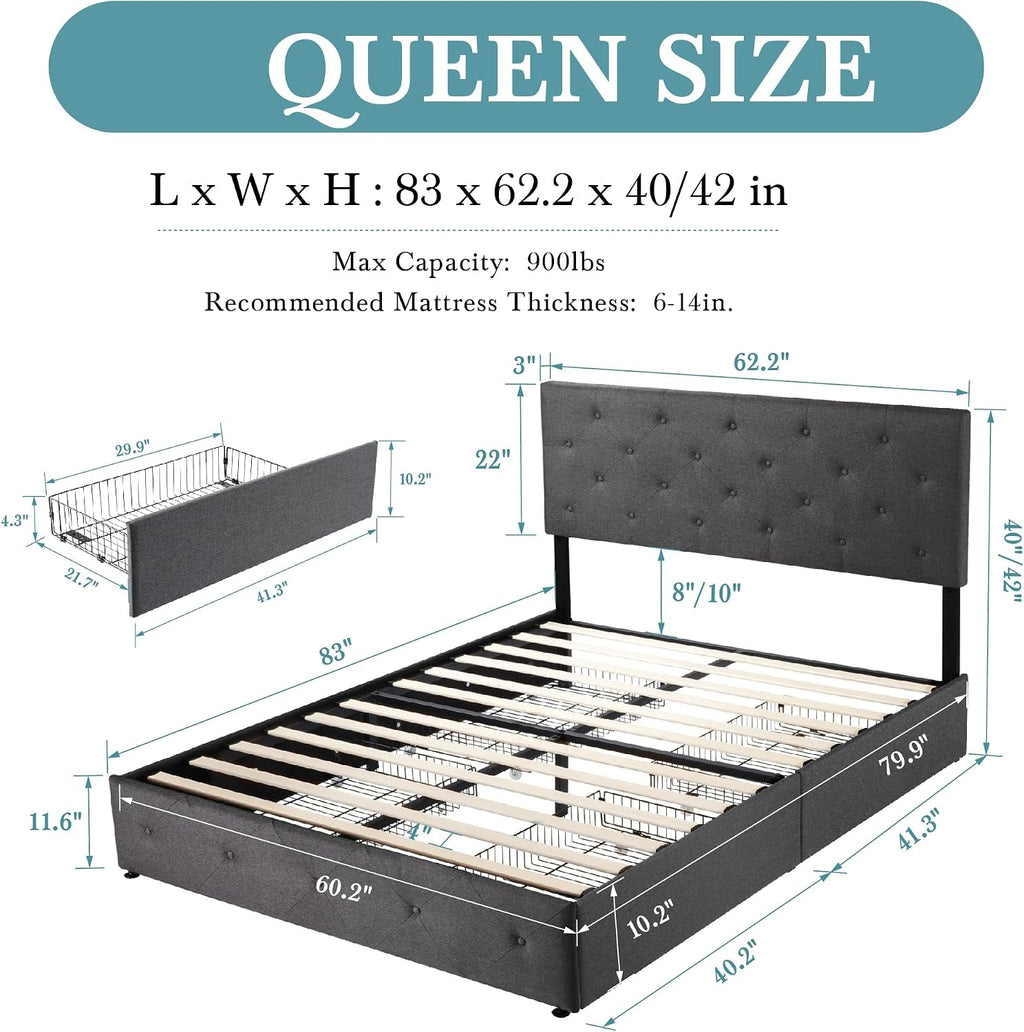 HOOMIC Queen Size Platform Storage Bed Frame with 4 Drawers & Adjustable Headboard, Wooden Slats, No Box Spring Needed,Diamond Stitched Button Tufted Design, No squeaks, Dark Grey