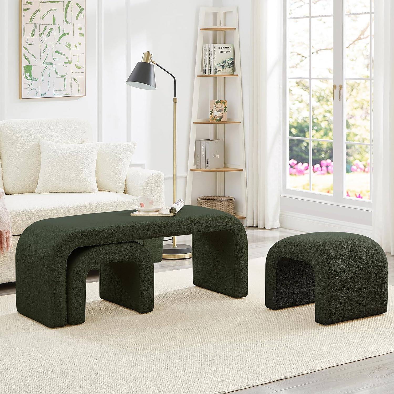 3-Piece Modern Ottoman Bench Set, 44' Wide Teddy Upholstered End of Bed Bench with 2 Foot Stools, Padded U-Shaped Entry Bench Vanity Stool for Living Room Bedroom (Dark Green)