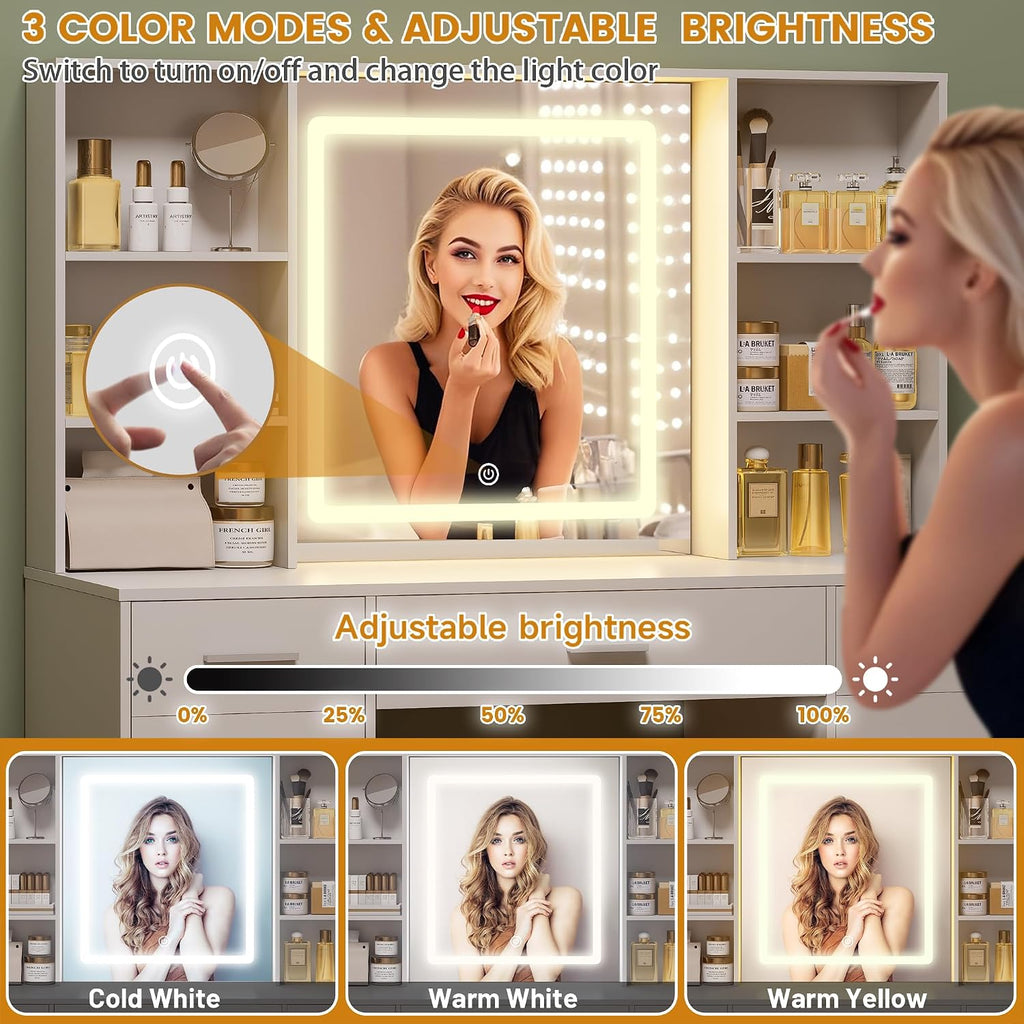 Vanity Desk with Mirror and Lights, Makeup Vanity Desk with 9 Drawers & 6 Shelves, Make up Vanity, Dressing Table with Touch Screen Mirror & Power Outlet, White Vanity for Girls Women, Bedroom