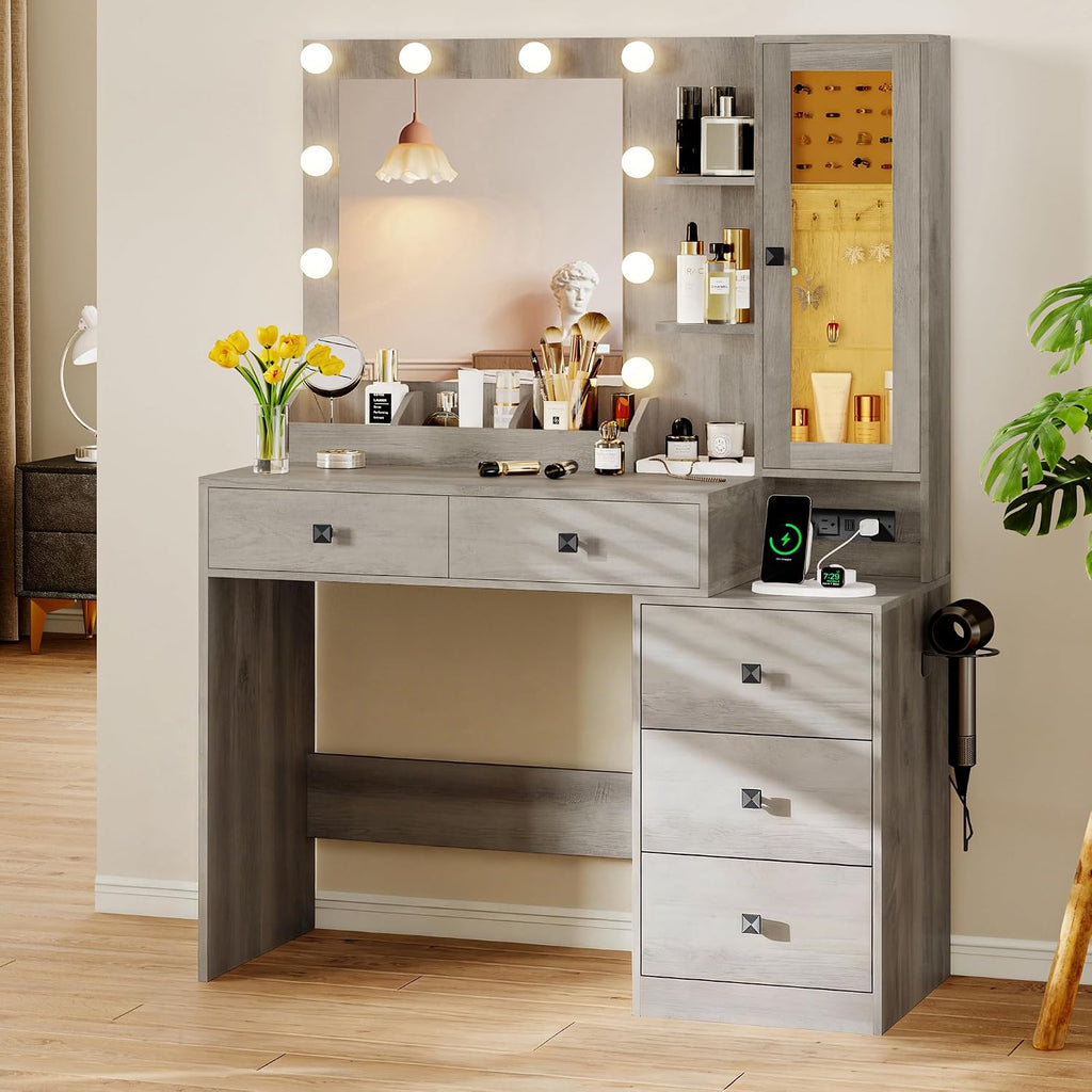 Xixini Vanity Desk with Mirror and Lights, Makeup Vanity Table Set with 5 Storage Drawers, Power Outlet, Small Dressing Table with RGB Ambient Light, Adjustable Brightness for Girls Bedroom, Grey