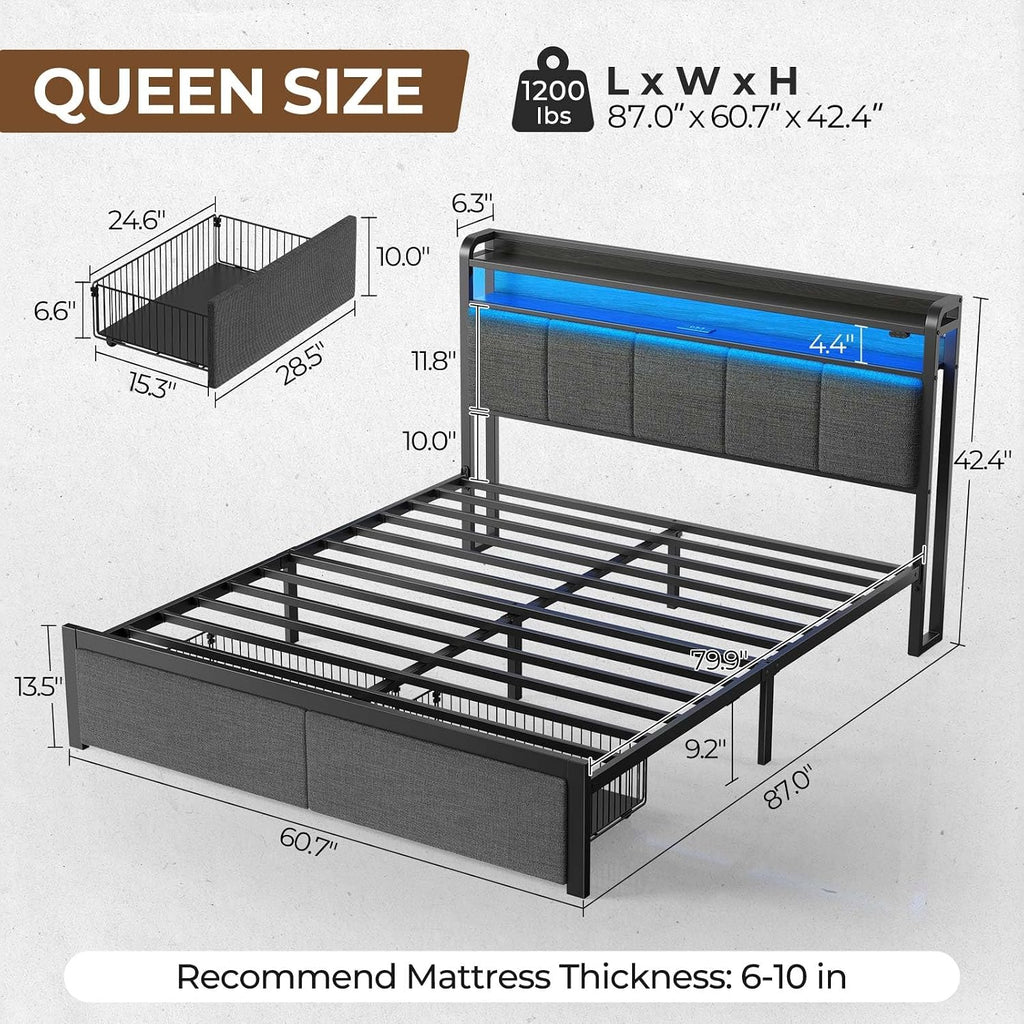 Rolanstar Bed Frame Queen Size with Charging Station and LED Lights, Upholstered Headboard with Storage Shelves, Heavy Duty Metal Slats, No Box Spring Need, Noise Free, Easy Assembly, Dark Grey