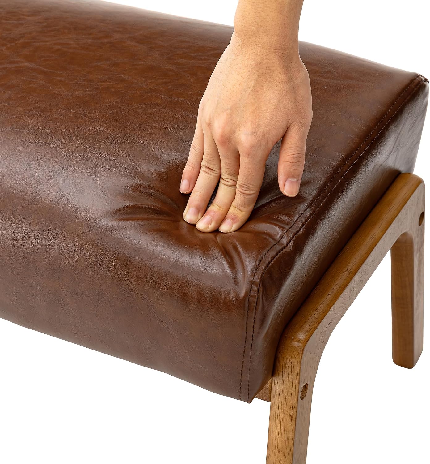 Glitzhome Rectangle Ottoman Bench Set of 2, Modern Coffee Leatherette Footstool with Walnut Rubberwood Legs for Living Room, Bedroom
