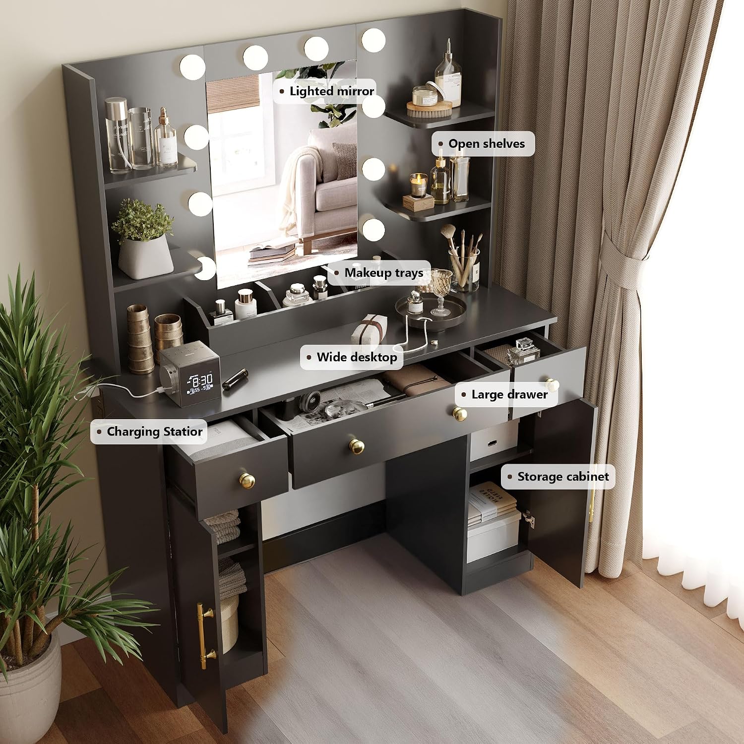 Wodeer Makeup Vanity Desk with Mirror and Lights, 43' Black Vanity Set with 3 Drawers, Power Outlet & Adjustable RGB LED Lights, Dressing Table with Storage Shelf for Women & Girls Bedroom