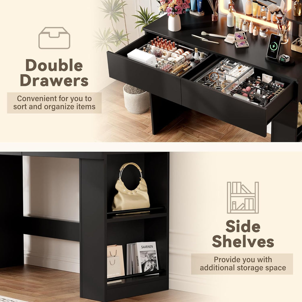 YESHOMY 35.4' Vanity Desk with LED Mirror and Lights,Makeup Vanity with 2 Storgae Drawers, 2 Side Shelves, and Open Storage Shelves, 3 Color Modes, for Bedroom, Classic Black