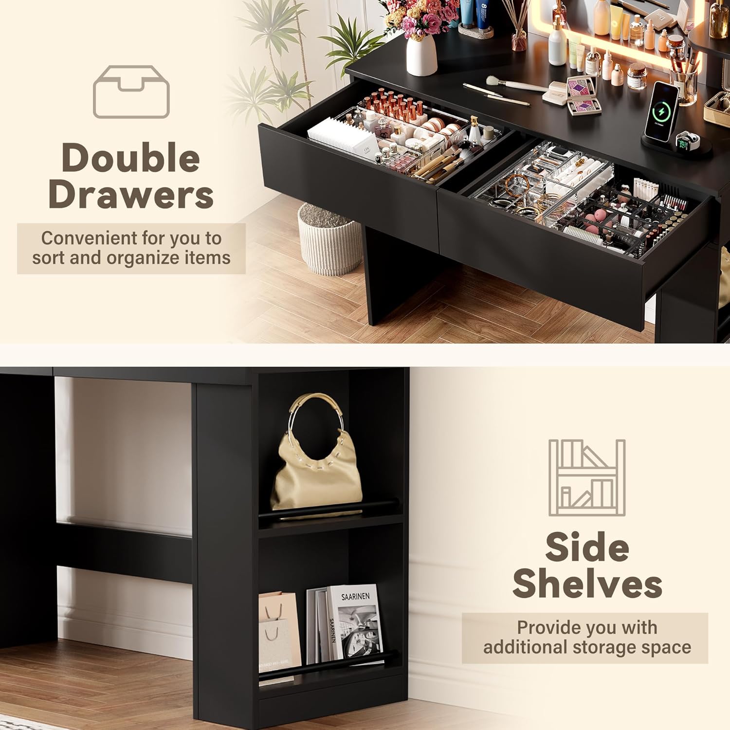 YESHOMY 35.4' Vanity Desk with LED Mirror and Lights,Makeup Vanity with 2 Storgae Drawers, 2 Side Shelves, and Open Storage Shelves, 3 Color Modes, for Bedroom, Classic Black