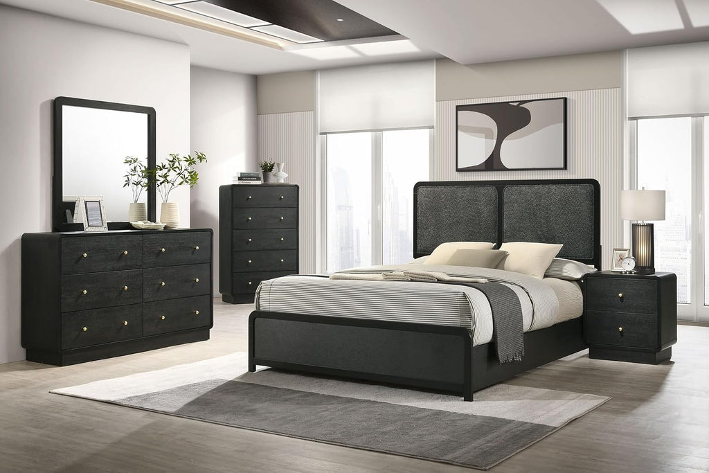 Coaster Home Furnishings - Cavelle - Wood - 5-Piece Bedroom Set with Panel Bed, Metal Knobs, and Upholstered Headboard - Bedroom - Eastern King Size - Black - 223661KE-S5