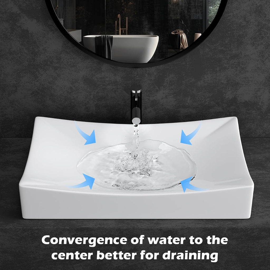 SouNor Small Rectangle Bathroom Sink Above Counter Square Basin Bowl Countertop Vessel 20'x15' Inches Modern Contemporary Porcelain Ceramic Wash Lavatory