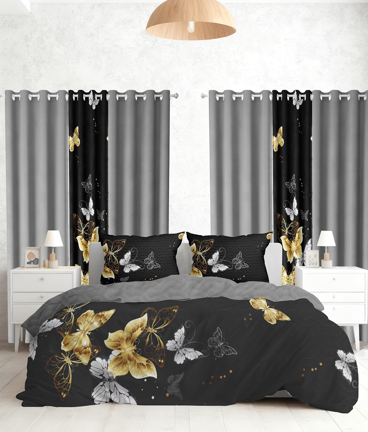 9-Piece Queen Comforter Set with Curtains Black Gold Butterfly Microfiber Elegant Bedroom
