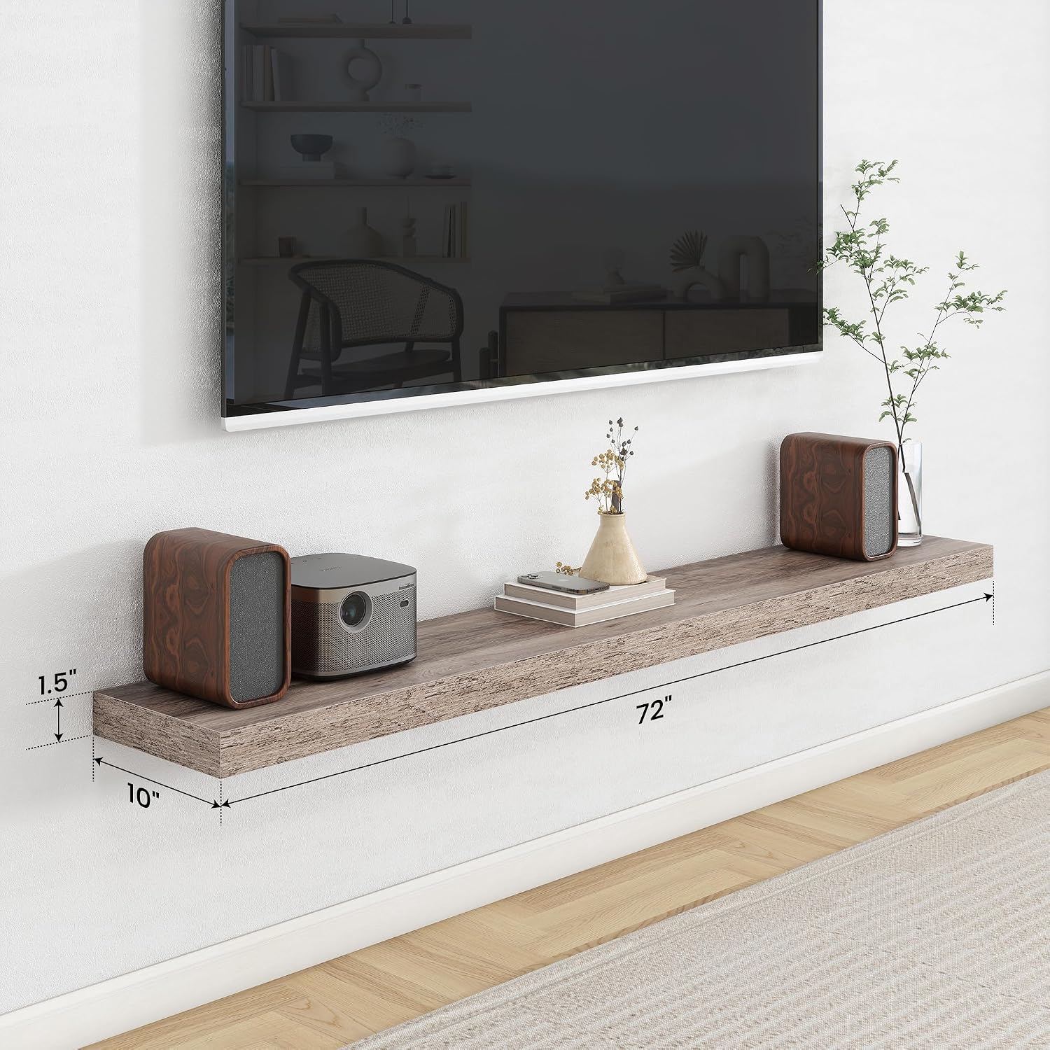 Axeman 72Inch Floating Shelves for Wall, Rustic Wood Shelves for Bedroom, Bathroom, Kitchen, Hanging Wall Mounted Shelf with Invisible Brackets for Books Decor, Set of 1, Grey