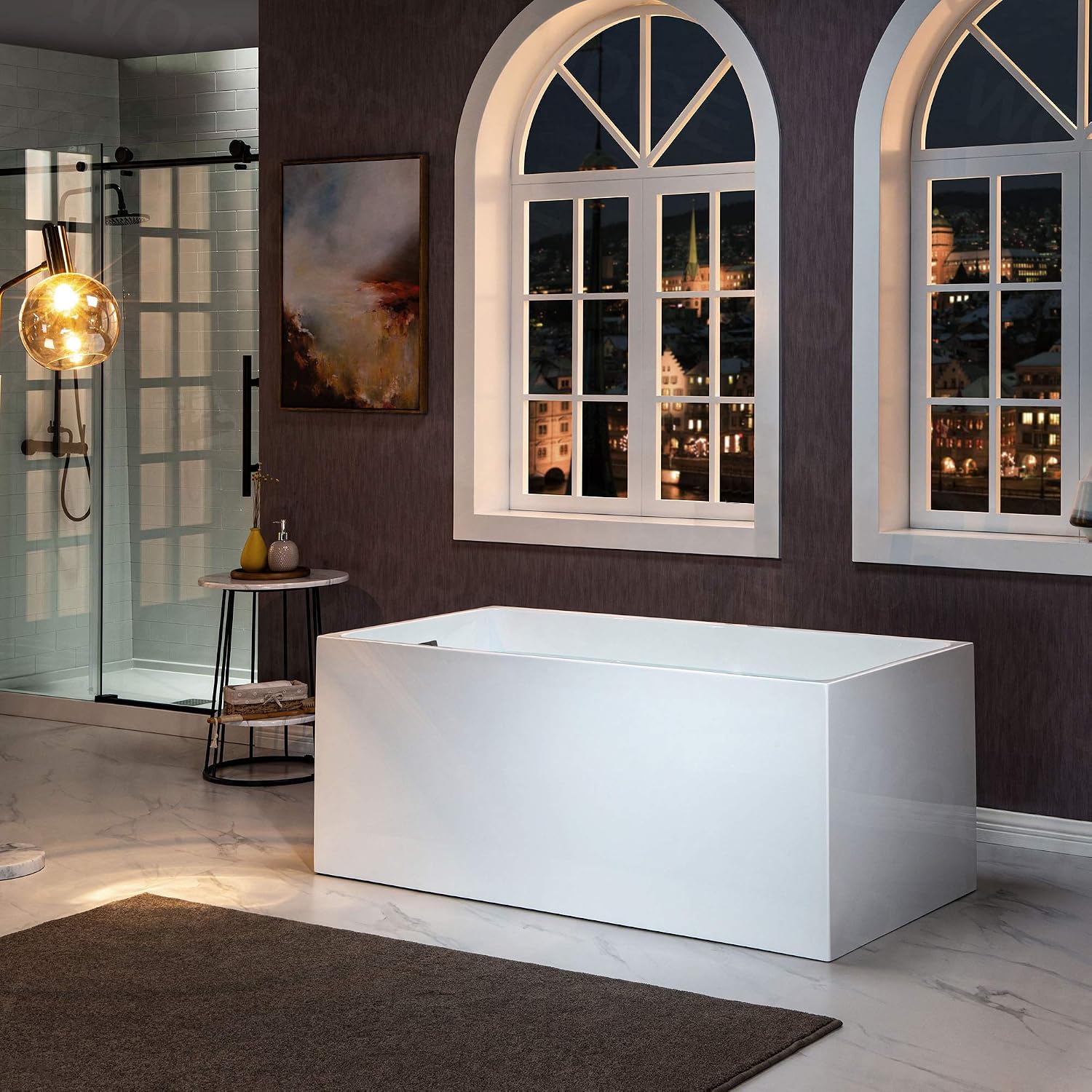 WOODBRIDGE 59' Acrylic Freestanding Bathtub Contemporary Soaking White Tub with Matte Black Overflow and Drain，B0085-MB-Drain&O
