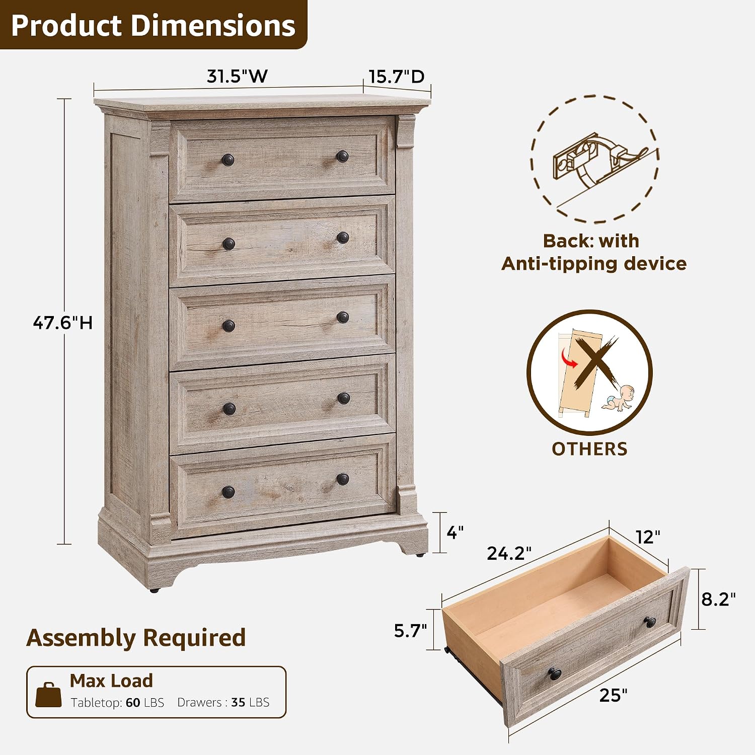 T4TREAM Farmhouse 5 Drawers Dresser for Bedroom, 47' Tall Wood Rustic Chest of Drawers, Vintage Design with Metal Handle, Light Rustic Oak