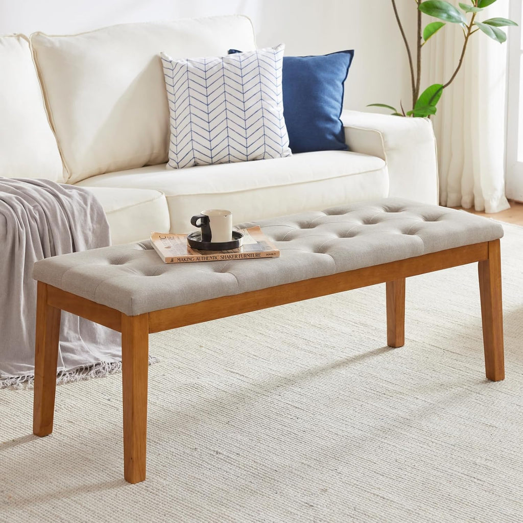 Ottoman Bench Upholstered Padded Seat with Solid Wood Legs and Button-Tufted, Big Oversized Ottoman, Linen Taupe