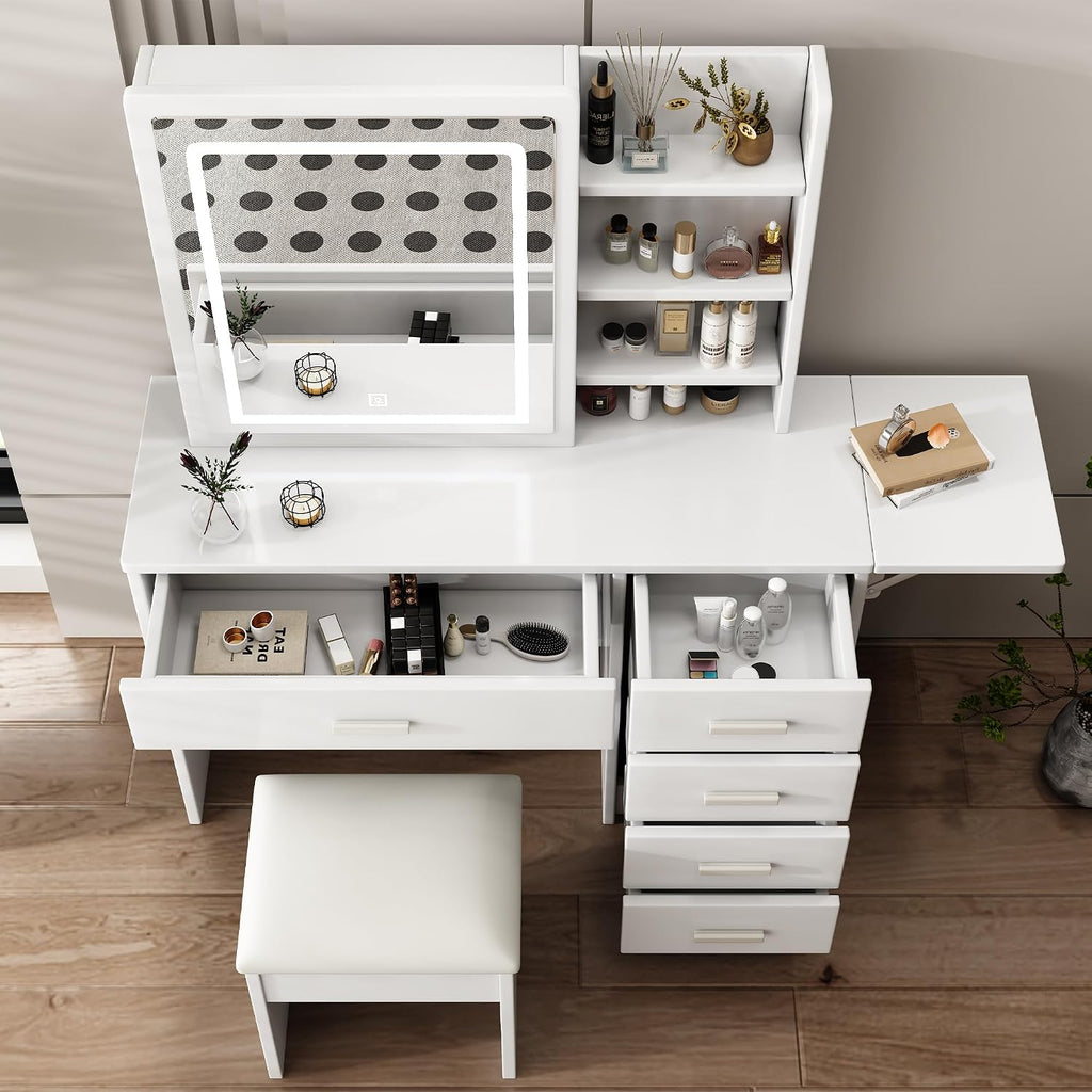 Runboll Vanity Desk with Mirror and Lights, Makeup Vanity Table Set with Chair, 5 Drawers, Open Shelves, Adjustable 3-Color LED Lighted Mirror, Bedroom Dressing Table for Women